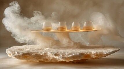 Wall Mural -   A plate with five glasses, smoke rising from both the plate and the nearby rock