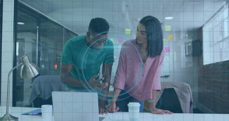 Poster - Image of fingerprint scanner over diverse male and female colleagues discussing over a plan