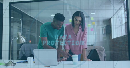 Wall Mural - Image of fingerprint scanner over diverse male and female colleagues discussing over a plan