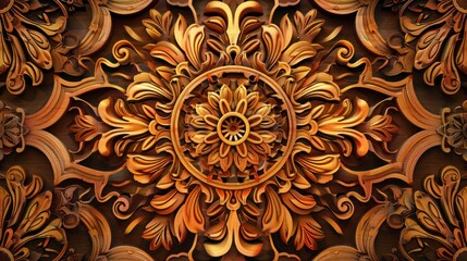 Wall Mural - Abstract floral carving background with wooden texture, carved flowers and leaves, botanical hand made ornament, organic shapes, natural eco color palette, AI generated