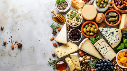 Sticker -   A circular arrangement of various cheeses, nuts, olives, and other foods on a pristine white surface