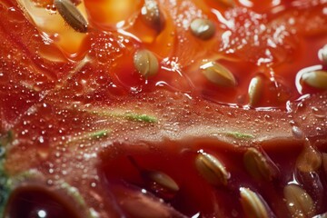 Wall Mural - Macro photography of a tomato fruit with seeds, a natural ingredient in cuisine