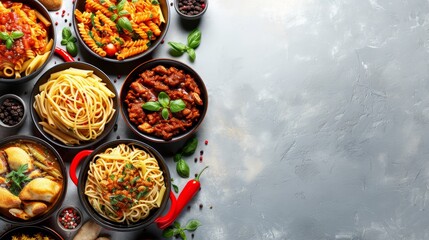 Wall Mural - Delicious assortment of spaghetti dishes with various pasta shapes and sauces on white background