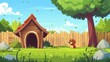 Animated modern illustration of a cartoon doghouse in the backyard. Dog character is sitting near the house, surrounded by trees and stone. Wooden fence in the garden is a safe environment for