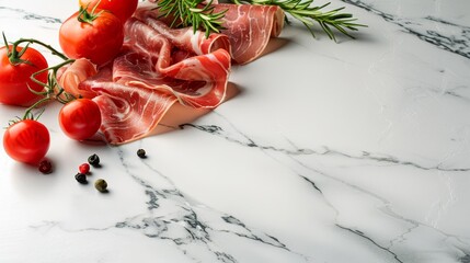 Wall Mural -   A white marble counter holds a tableau of meat and tomatoes Above, green leaves and additional tomatoes gracefully rest