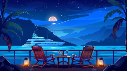 Wall Mural - Luxury yacht with wooden chairs, cocktail glasses on the table, lifebuoy on the rail, moon in the sky. Modern cartoon illustration of cruise ship with night sea, mountains, tropical island view.