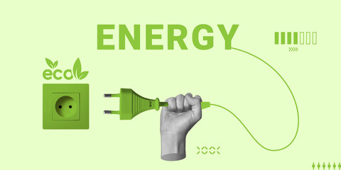 Eco-friendly, green energy concept. A hand with an electric fork connects the word Energy to a green outlet. Minimalist art collage