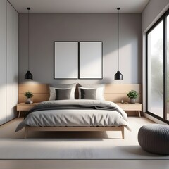 Interior mock-up, cozy contemporary bedroom, Scandinavian style, 3d render