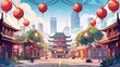 Cityscape skyscrapers in background, old Chinese buildings, tea shop, restaurant decorated with red paper lanterns, and skyscrapers in a modern Chinese town street. Modern cartoon illustration of old