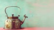   A rusted metal tea kettle atop a pink table, near a blue-green wall painted with vivid hues