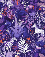 Sticker - A purple pattern with small zebra and a very limited amount of palm leaves and flowers . There should be lots background in a dark blue.