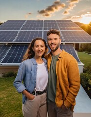 Smiling young couple standing in front of their home with solar panels on the roof in the evening