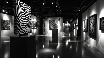 Wall Mural - Monochromatic Art Gallery Exhibition with Abstract Patterns and Paintings