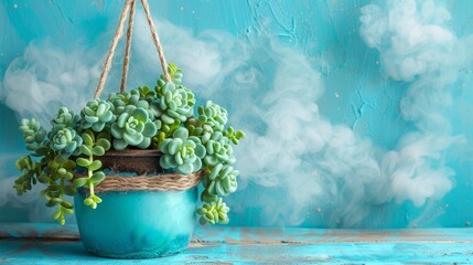 Wall Mural -   A potted plant suspended from a rope above a blue pot brimming with green succulents