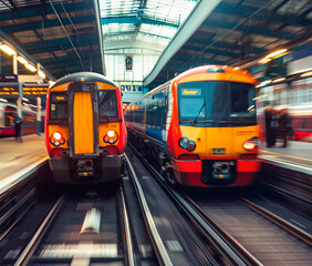 Two trains just arriving at the station in motion blur