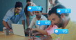 Image of message icons with changing numbers over diverse coworkers discussing report on laptop