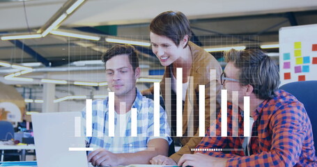 Poster - Image of graph, loading bars over diverse coworkers diverse coworkers sharing ideas in office