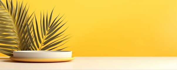 Wall Mural - Yellow background with palm leaf shadow and white wooden table for product display, summer concept. Vector illustration, isolated on pastel background
