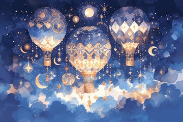 Poster - A whimsical watercolor illustration of three beautiful hot air balloons floating gracefully in the sky, adorned with intricate patterns and delicate clouds