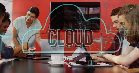 Sticker - Image of cloud text and connections over diverse business people in office