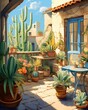 A charming azure balcony, overflowing with potted agaves and fairy dusters in a sundrenched courtyard ,  illustration
