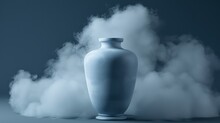   A Blue Vase Atop A Table, Adjacent To A Mound Of Swirling Gray Smoke On A Backdrop