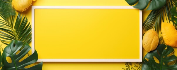Wall Mural - Yellow frame background, tropical leaves and plants around the yellow rectangle in the middle of the photo with space for text