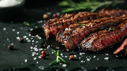 Wall Mural -   A steak, closely framed on a plate, showcases its texture Salt and pepper are delicately scattered atop, awaiting a sizzling kiss
