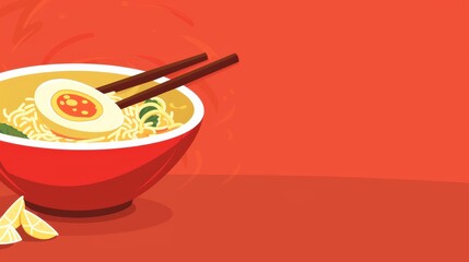Wall Mural -   A bowl of ramen topped with an egg Chopsticks nearby for use