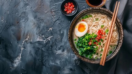 Wall Mural -  Ramen in bowl with chopsticks and an egg on top