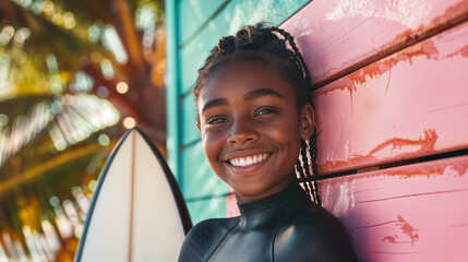 portrait of a happy girl in wetsuit with surfboard, generative ai