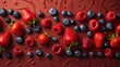   Strawberries, blueberries, raspberries, and more strawberries against a red backdrop, accentuated by chocolate swirls ..Or,