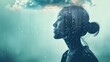 Profile view of a person on a simple background, a raincloud positioned overhead with rain pouring down, conveying a mood of reflection and renewal 02