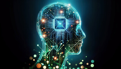 Conceptual image of a human head silhouette with a complex network of circuits, illustrating the sophisticated architecture of artificial intelligence. Concept digital transformation, cybernetics