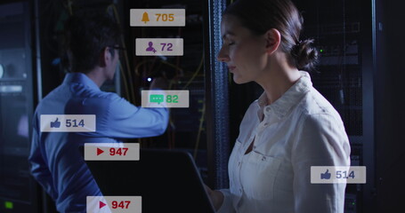 Sticker - Image of notification bars over diverse engineers checking data server system using laptop