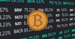 Image of bitcoin over shapes and stock market on black background