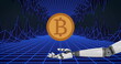 Image of bitcoin over digital tunnel with robotic arm