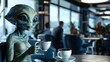 Cinematic snapshot of a friendly alien sharing a morning coffee break with coworkers in a sleek corporate cafeteria, the aroma of freshly brewed coffee mingling with friendly banter