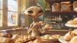 Cinematic snapshot of a curious extraterrestrial sampling a selection of delectable pastries at a charming French bakery