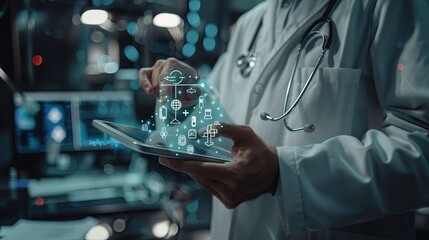 Doctor in lab coat holding a digital tablet with holographic medical icons. Modern healthcare and digital technology concept. Design for presentation, web banner, and scientific publication