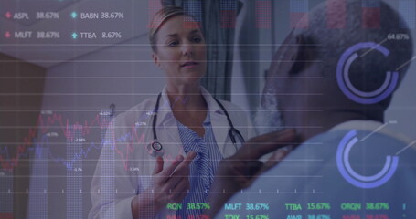 Sticker - Image of graphs and trading board over diverse female doctor examining patient neck