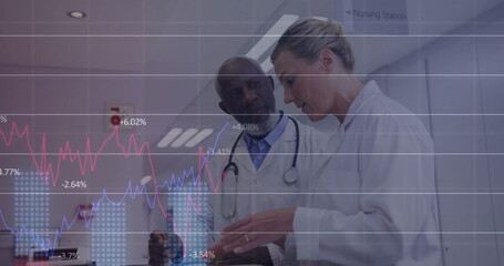 Poster - Image of multiple graphs with changing numbers over diverse doctors discussing patient x-ray