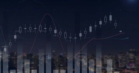 Sticker - Image of diagrams and data processing over cityscape