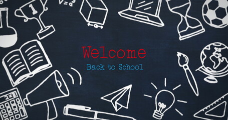 Canvas Print - Image of welcome back to school text over school items icons