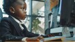 Cinematic shot of a suited man with the appearance of a young child diligently typing away at a computer in a corporate office, his youthful demeanor juxtaposed with the seriousness of his work 03