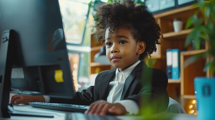 Wall Mural - Cinematic shot of a businesswoman with the appearance of a young child, diligently working on a computer in a corporate office, her youthful demeanor contrasting with the seriousness of her tasks 02