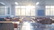 Blurred perspective of a vacant classroom, featuring gentle lighting, tranquil atmosphere, and absence of students or furniture