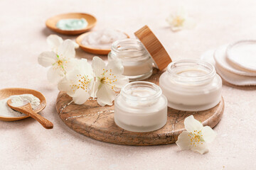 Poster - skincare products and jasmine flowers. zero waste eco friendly natural cosmetics for home spa