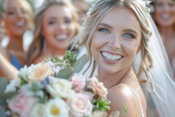 Wall Mural - Up-close perspective of a blue-eyed blonde bride's radiant smile as she tosses her bridal bouquet into the air, surrounded by laughter and anticipation for the next chapter of her life 03