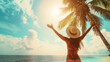 Portrait of happy people in amazing summer mood. Tropical travel, summer vacation background concept.